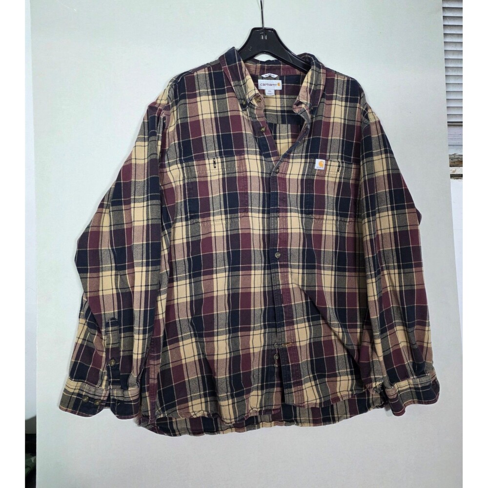 Title: Carhartt Trumbull Plaid Flannel Shirt Men’s 2XL Burgundy Black Tan